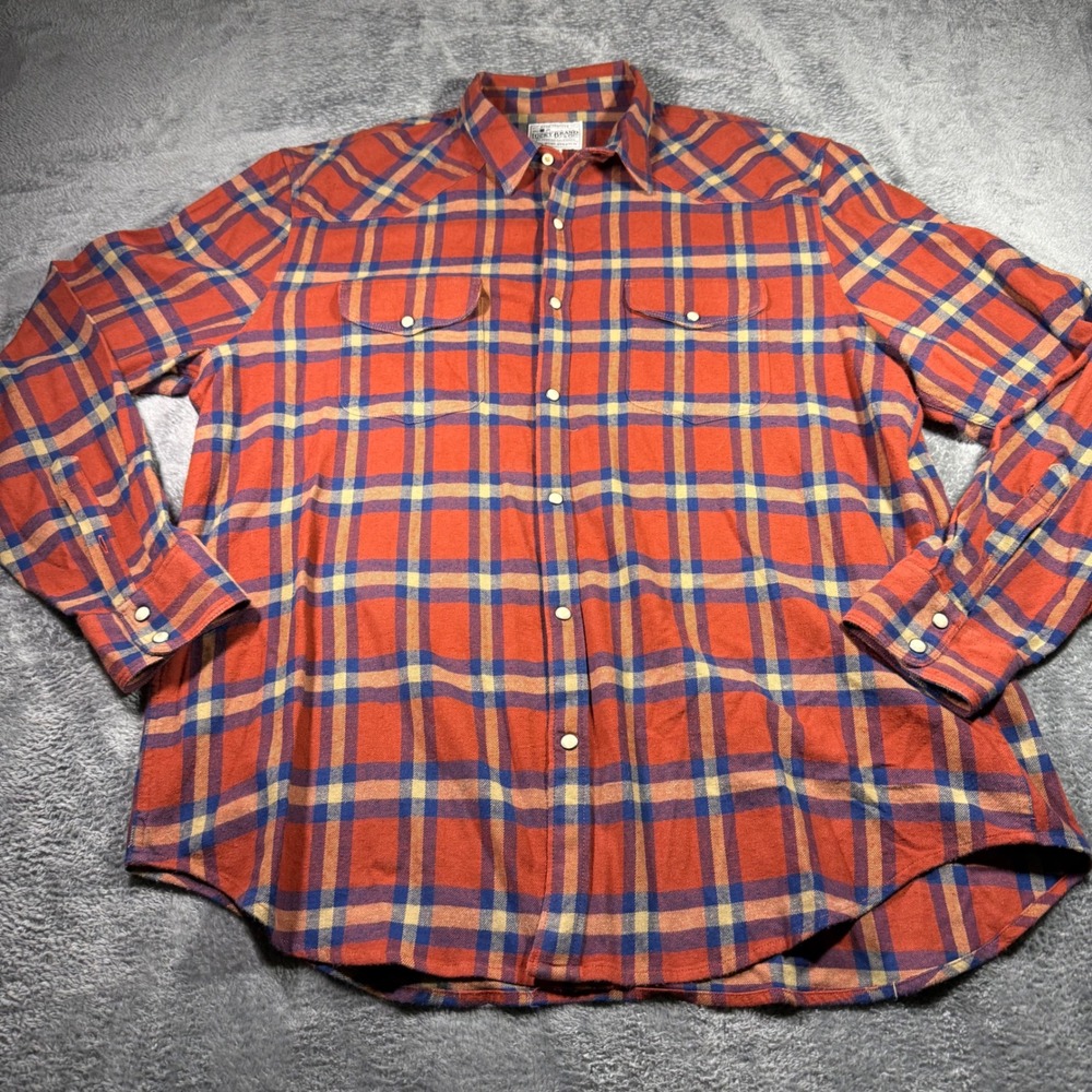Lucky‎ Brand XL Saturday Stretch Western Pearl Snap Plaid Flannel Shirt Orange